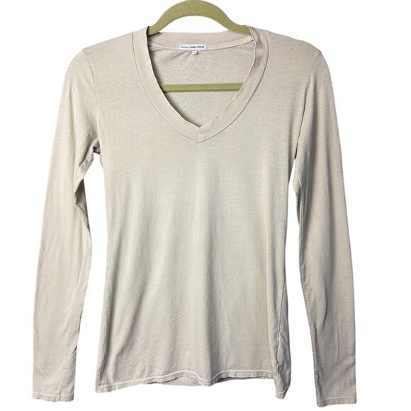 Standard James Perse Tee Relaxed Fit V-Neck Long Sleeve Beige Designer Basic M - Picture 2 of 9